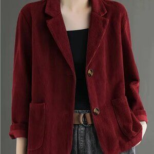 Deep Red Corduroy Buttoned Blazer Jacket With Pockets